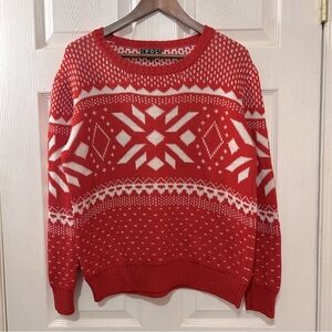 POL Fair Isle Snowflake Christmas Holiday Pullover Sweater in Red White Med